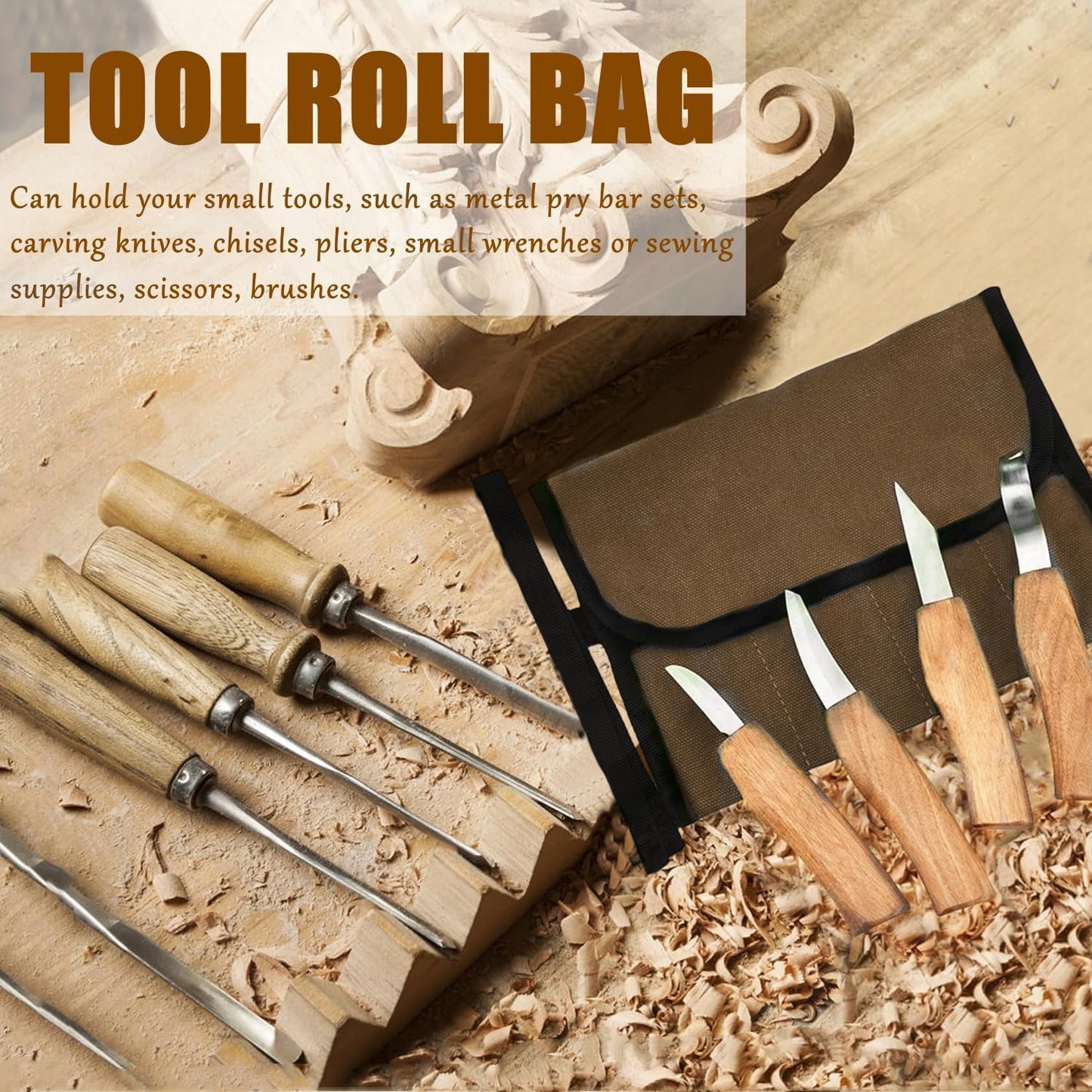Small Canvas Chisel Roll, Chisels Bag Tool Organizer with 4 Pockets, Metal Pry Bar Plier Wrench Roll Tool Pouch for Mechanic Carpenter Craftsman (Khaki)