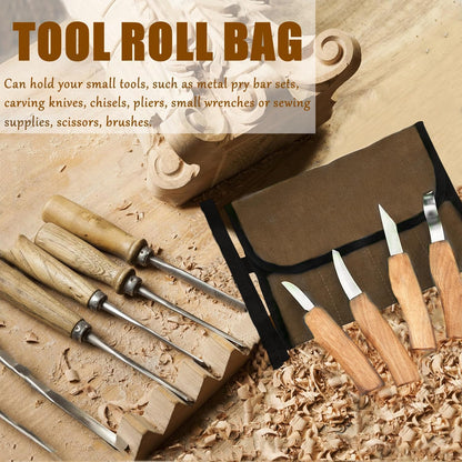 Small Canvas Chisel Roll, Chisels Bag Tool Organizer with 4 Pockets, Metal Pry Bar Plier Wrench Roll Tool Pouch for Mechanic Carpenter Craftsman (Khaki)
