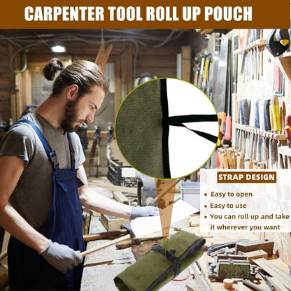 Small Canvas Chisel Roll, Chisels Bag Tool Organizer with 4 Pockets, Metal Pry Bar Plier Wrench Roll Tool Pouch for Mechanic Carpenter Craftsman (Khaki)