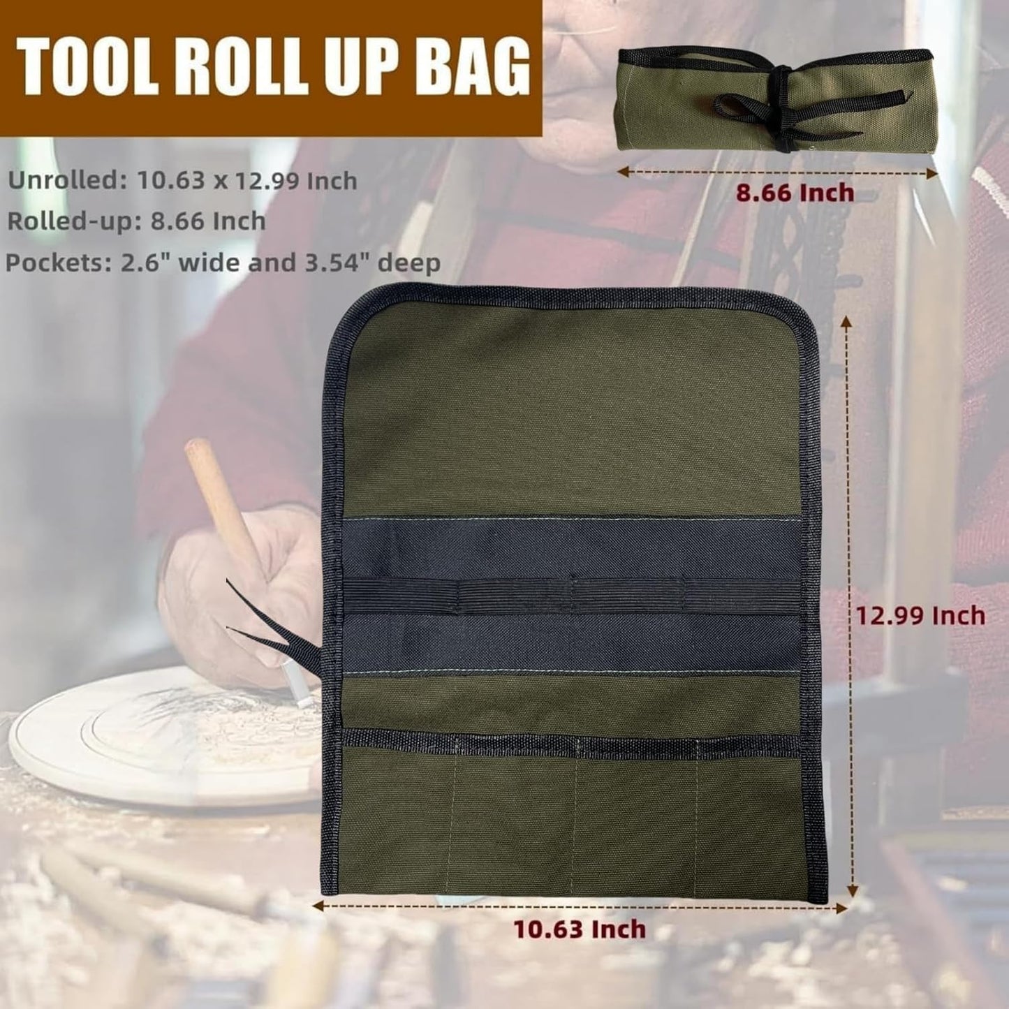 Small Canvas Chisel Roll, Chisels Bag Tool Organizer with 4 Pockets, Metal Pry Bar Plier Wrench Roll Tool Pouch for Mechanic Carpenter Craftsman (Khaki)