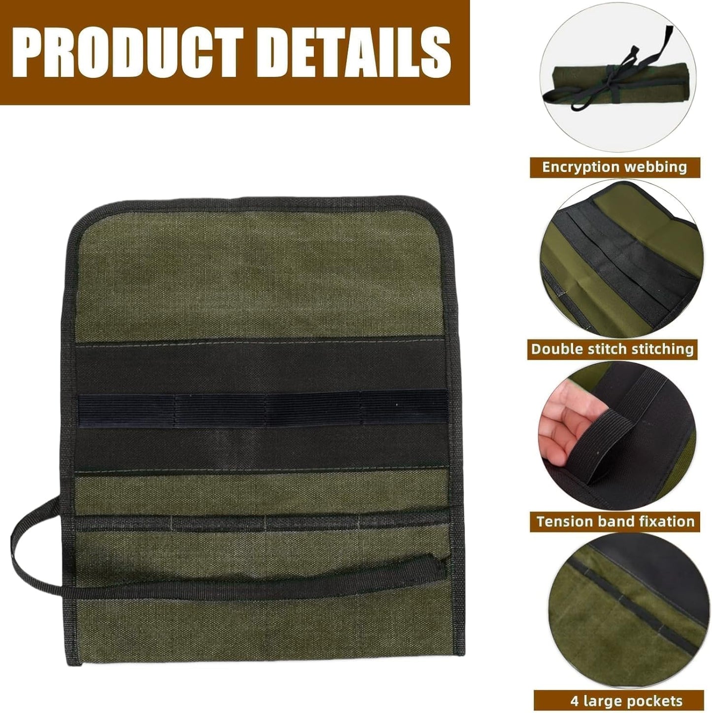 Small Canvas Chisel Roll, Chisels Bag Tool Organizer with 4 Pockets, Metal Pry Bar Plier Wrench Roll Tool Pouch for Mechanic Carpenter Craftsman (Khaki)
