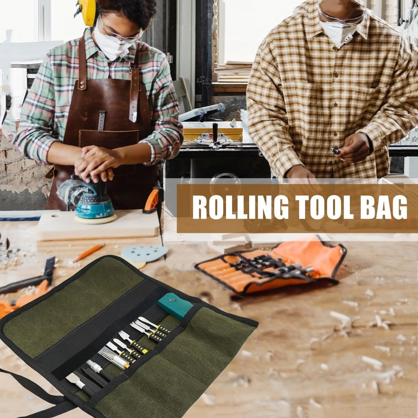 Small Canvas Chisel Roll, Chisels Bag Tool Organizer with 4 Pockets, Metal Pry Bar Plier Wrench Roll Tool Pouch for Mechanic Carpenter Craftsman (Khaki)