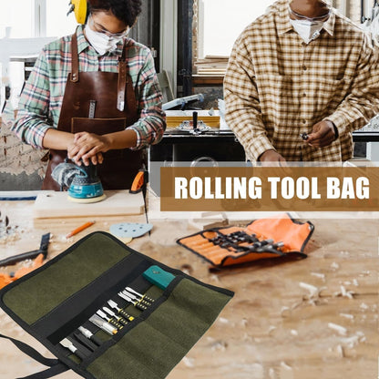 Small Canvas Chisel Roll, Chisels Bag Tool Organizer with 4 Pockets, Metal Pry Bar Plier Wrench Roll Tool Pouch for Mechanic Carpenter Craftsman (Khaki)