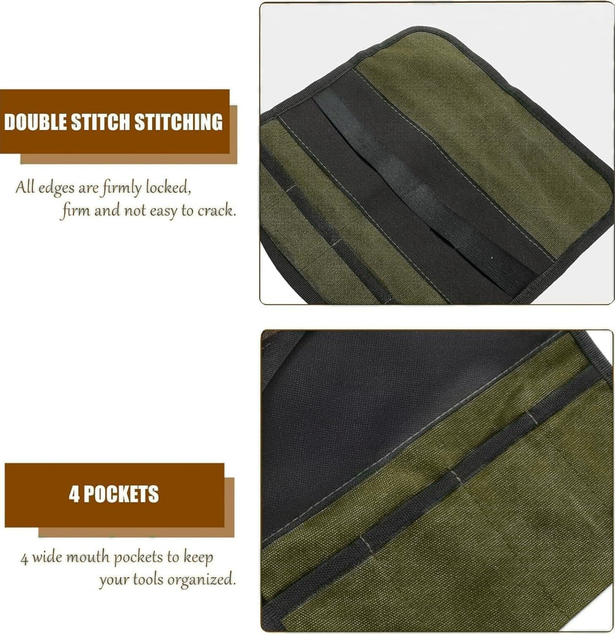Small Canvas Chisel Roll, Chisels Bag Tool Organizer with 4 Pockets, Metal Pry Bar Plier Wrench Roll Tool Pouch for Mechanic Carpenter Craftsman (Khaki)
