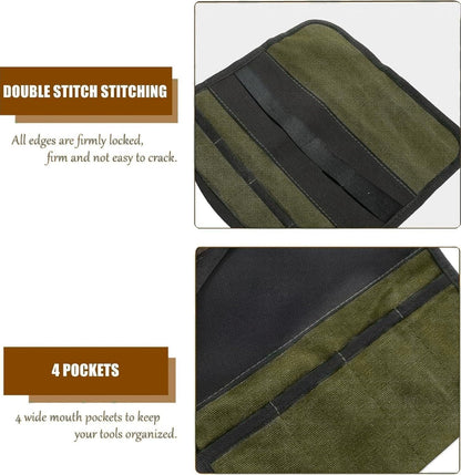 Small Canvas Chisel Roll, Chisels Bag Tool Organizer with 4 Pockets, Metal Pry Bar Plier Wrench Roll Tool Pouch for Mechanic Carpenter Craftsman (Khaki)