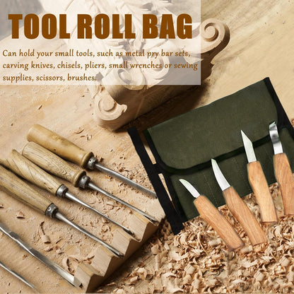 Small Canvas Chisel Roll, Chisels Bag Tool Organizer with 4 Pockets, Metal Pry Bar Plier Wrench Roll Tool Pouch for Mechanic Carpenter Craftsman (Khaki)