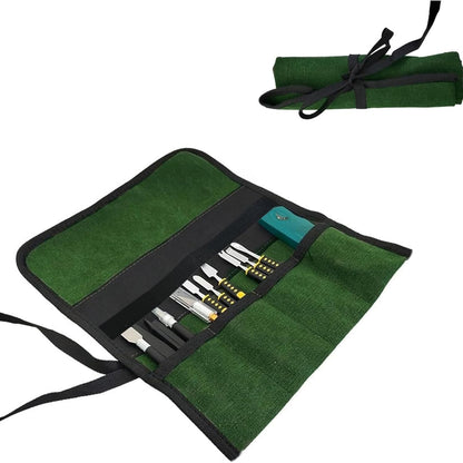 Small Canvas Chisel Roll, Chisels Bag Tool Organizer with 4 Pockets, Metal Pry Bar Plier Wrench Roll Tool Pouch for Mechanic Carpenter Craftsman (Khaki)