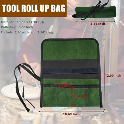 Small Canvas Chisel Roll, Chisels Bag Tool Organizer with 4 Pockets, Metal Pry Bar Plier Wrench Roll Tool Pouch for Mechanic Carpenter Craftsman (Khaki)