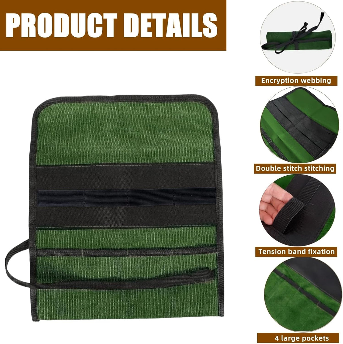 Small Canvas Chisel Roll, Chisels Bag Tool Organizer with 4 Pockets, Metal Pry Bar Plier Wrench Roll Tool Pouch for Mechanic Carpenter Craftsman (Khaki)