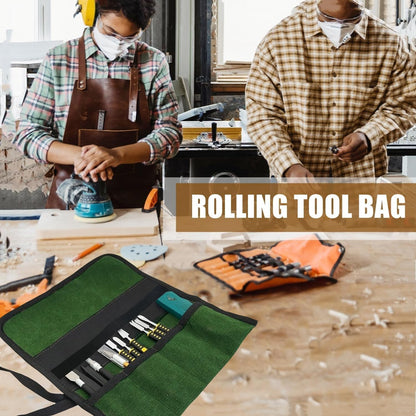 Small Canvas Chisel Roll, Chisels Bag Tool Organizer with 4 Pockets, Metal Pry Bar Plier Wrench Roll Tool Pouch for Mechanic Carpenter Craftsman (Khaki)
