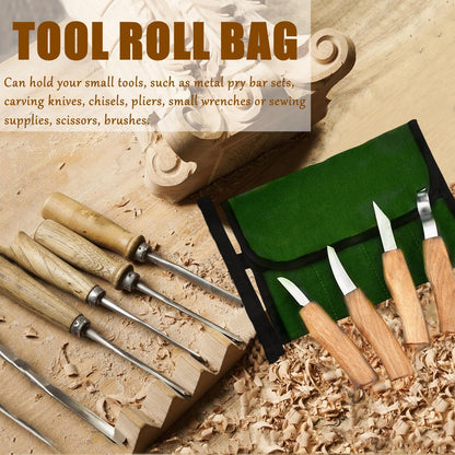 Small Canvas Chisel Roll, Chisels Bag Tool Organizer with 4 Pockets, Metal Pry Bar Plier Wrench Roll Tool Pouch for Mechanic Carpenter Craftsman (Khaki)