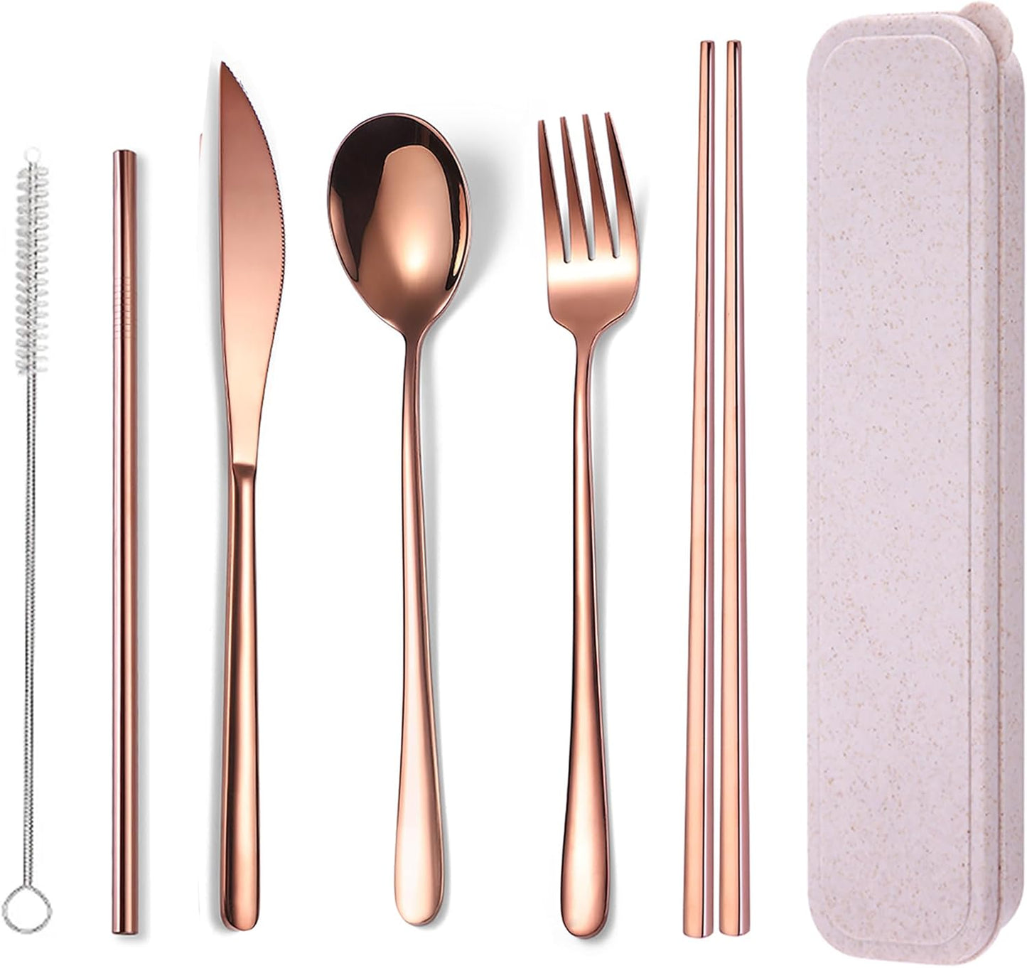 6 Pieces 18/8 Stainless Steel Flatware Set Portable Reusable Cutlery Set Travel Utensils Set Including Chopsticks Knife Fork Spoon Straws Cleaning Brush Dishwasher Safe (Rose Gold)