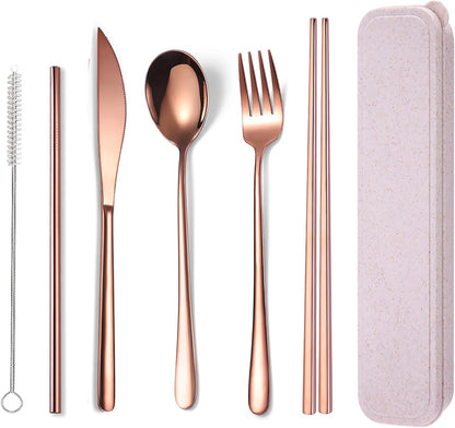 6 Pieces 18/8 Stainless Steel Flatware Set Portable Reusable Cutlery Set Travel Utensils Set Including Chopsticks Knife Fork Spoon Straws Cleaning Brush Dishwasher Safe (Rose Gold)