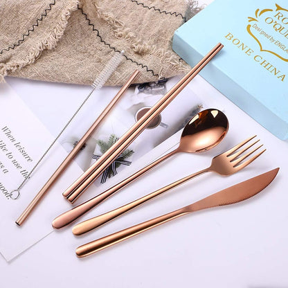 6 Pieces 18/8 Stainless Steel Flatware Set Portable Reusable Cutlery Set Travel Utensils Set Including Chopsticks Knife Fork Spoon Straws Cleaning Brush Dishwasher Safe (Rose Gold)