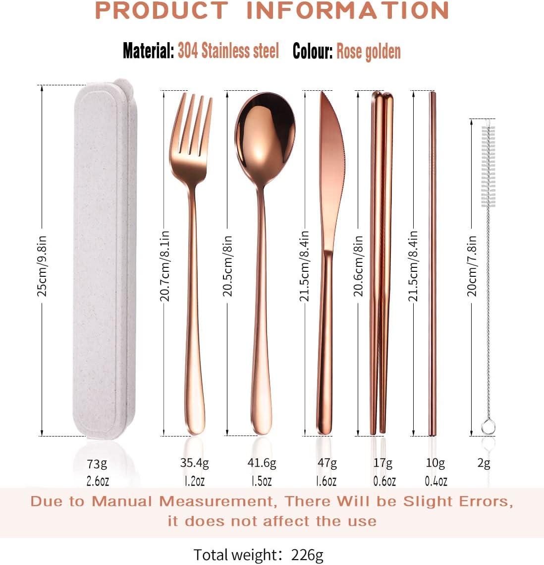 6 Pieces 18/8 Stainless Steel Flatware Set Portable Reusable Cutlery Set Travel Utensils Set Including Chopsticks Knife Fork Spoon Straws Cleaning Brush Dishwasher Safe (Rose Gold)