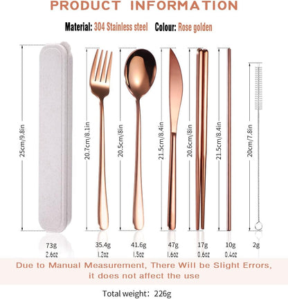 6 Pieces 18/8 Stainless Steel Flatware Set Portable Reusable Cutlery Set Travel Utensils Set Including Chopsticks Knife Fork Spoon Straws Cleaning Brush Dishwasher Safe (Rose Gold)