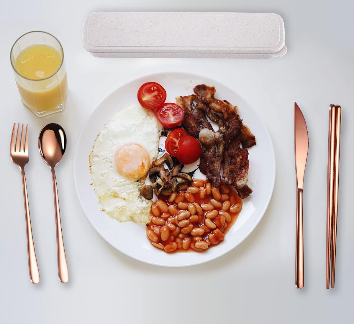 6 Pieces 18/8 Stainless Steel Flatware Set Portable Reusable Cutlery Set Travel Utensils Set Including Chopsticks Knife Fork Spoon Straws Cleaning Brush Dishwasher Safe (Rose Gold)