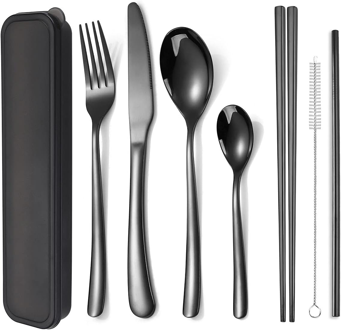 6 Pieces 18/8 Stainless Steel Flatware Set Portable Reusable Cutlery Set Travel Utensils Set Including Chopsticks Knife Fork Spoon Straws Cleaning Brush Dishwasher Safe (Rose Gold)