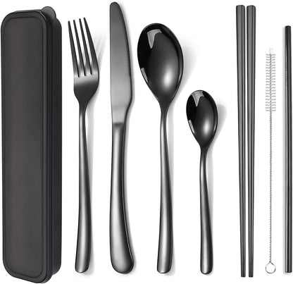 6 Pieces 18/8 Stainless Steel Flatware Set Portable Reusable Cutlery Set Travel Utensils Set Including Chopsticks Knife Fork Spoon Straws Cleaning Brush Dishwasher Safe (Rose Gold)