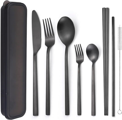 6 Pieces 18/8 Stainless Steel Flatware Set Portable Reusable Cutlery Set Travel Utensils Set Including Chopsticks Knife Fork Spoon Straws Cleaning Brush Dishwasher Safe (Rose Gold)