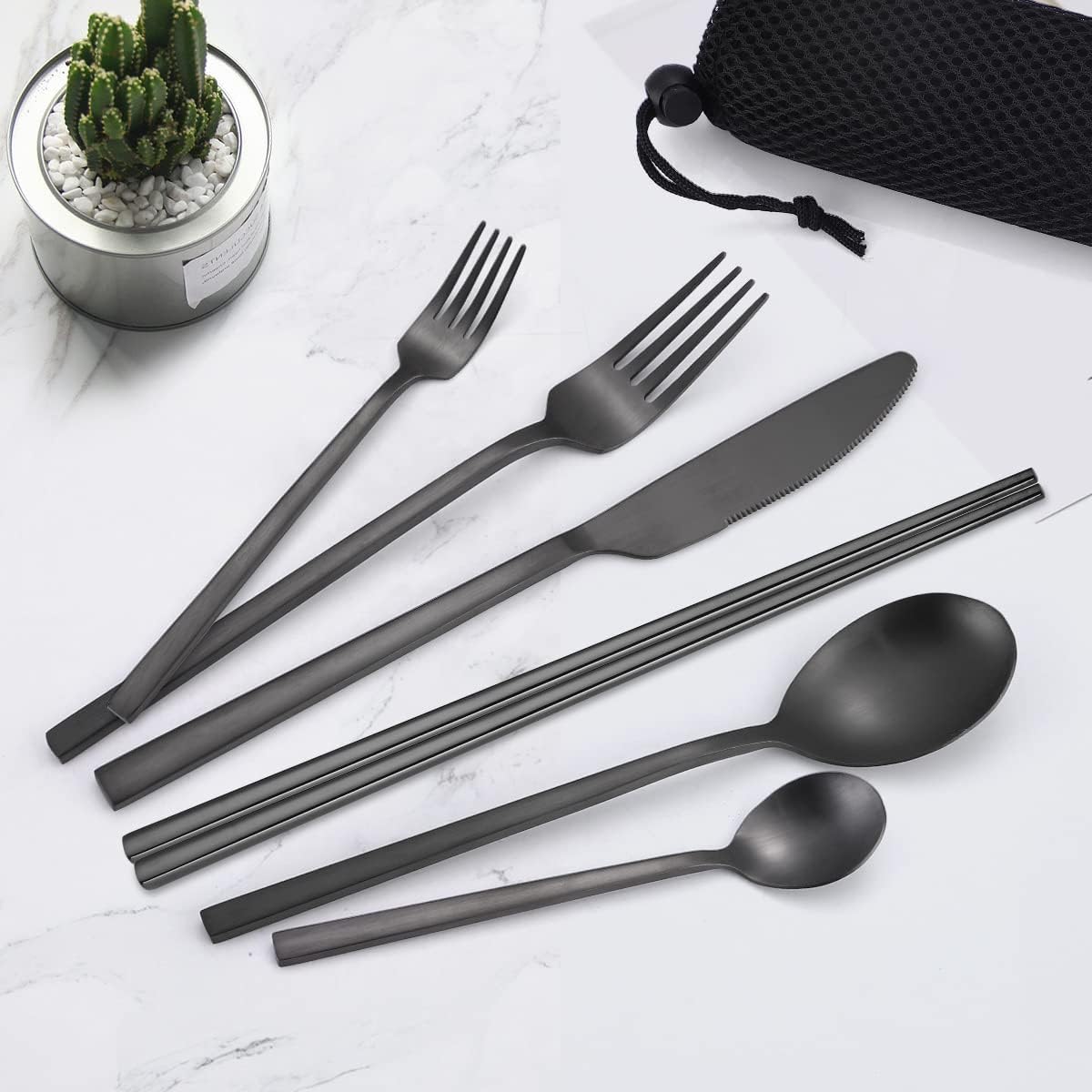 6 Pieces 18/8 Stainless Steel Flatware Set Portable Reusable Cutlery Set Travel Utensils Set Including Chopsticks Knife Fork Spoon Straws Cleaning Brush Dishwasher Safe (Rose Gold)