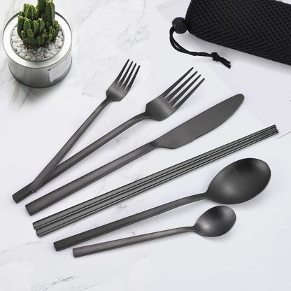 6 Pieces 18/8 Stainless Steel Flatware Set Portable Reusable Cutlery Set Travel Utensils Set Including Chopsticks Knife Fork Spoon Straws Cleaning Brush Dishwasher Safe (Rose Gold)