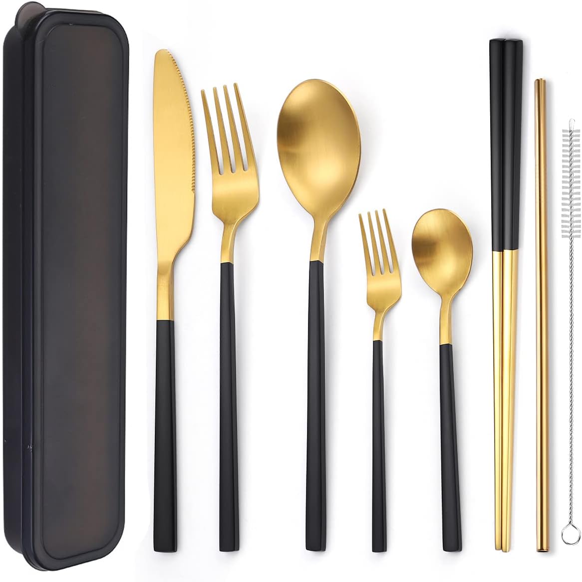 6 Pieces 18/8 Stainless Steel Flatware Set Portable Reusable Cutlery Set Travel Utensils Set Including Chopsticks Knife Fork Spoon Straws Cleaning Brush Dishwasher Safe (Rose Gold)