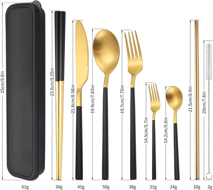 6 Pieces 18/8 Stainless Steel Flatware Set Portable Reusable Cutlery Set Travel Utensils Set Including Chopsticks Knife Fork Spoon Straws Cleaning Brush Dishwasher Safe (Rose Gold)