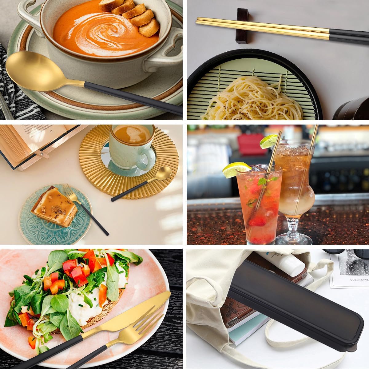 6 Pieces 18/8 Stainless Steel Flatware Set Portable Reusable Cutlery Set Travel Utensils Set Including Chopsticks Knife Fork Spoon Straws Cleaning Brush Dishwasher Safe (Rose Gold)