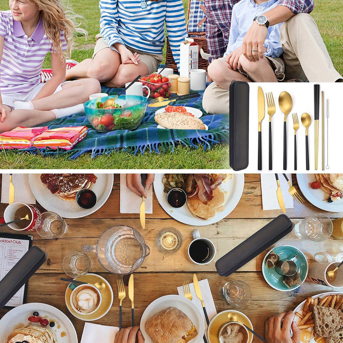 6 Pieces 18/8 Stainless Steel Flatware Set Portable Reusable Cutlery Set Travel Utensils Set Including Chopsticks Knife Fork Spoon Straws Cleaning Brush Dishwasher Safe (Rose Gold)