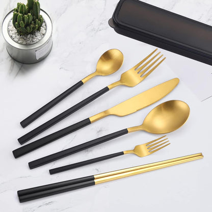 6 Pieces 18/8 Stainless Steel Flatware Set Portable Reusable Cutlery Set Travel Utensils Set Including Chopsticks Knife Fork Spoon Straws Cleaning Brush Dishwasher Safe (Rose Gold)