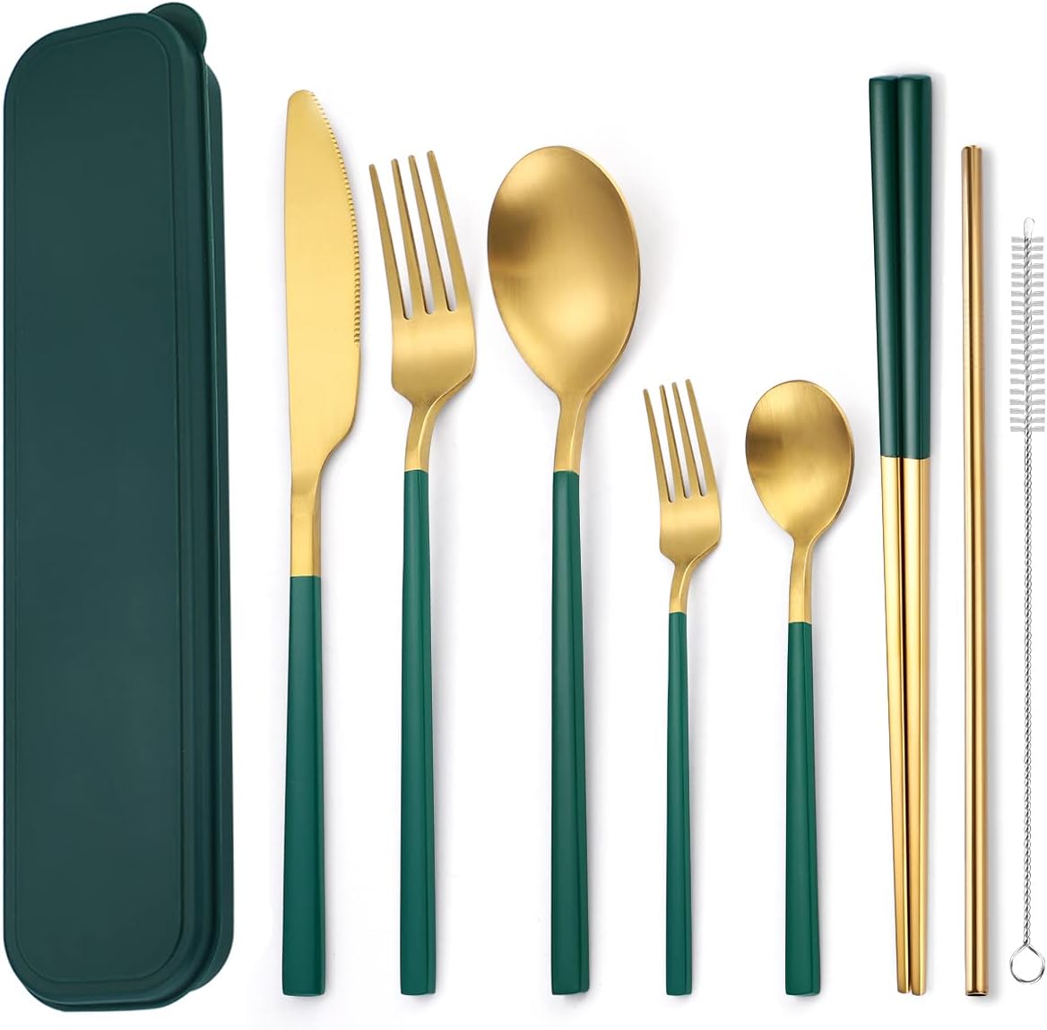 6 Pieces 18/8 Stainless Steel Flatware Set Portable Reusable Cutlery Set Travel Utensils Set Including Chopsticks Knife Fork Spoon Straws Cleaning Brush Dishwasher Safe (Rose Gold)