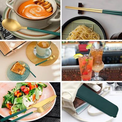 6 Pieces 18/8 Stainless Steel Flatware Set Portable Reusable Cutlery Set Travel Utensils Set Including Chopsticks Knife Fork Spoon Straws Cleaning Brush Dishwasher Safe (Rose Gold)