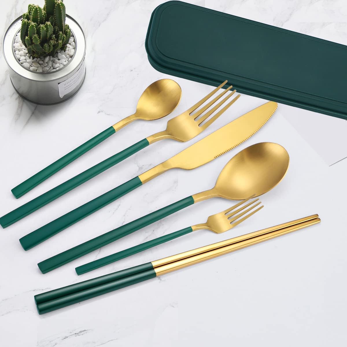 6 Pieces 18/8 Stainless Steel Flatware Set Portable Reusable Cutlery Set Travel Utensils Set Including Chopsticks Knife Fork Spoon Straws Cleaning Brush Dishwasher Safe (Rose Gold)
