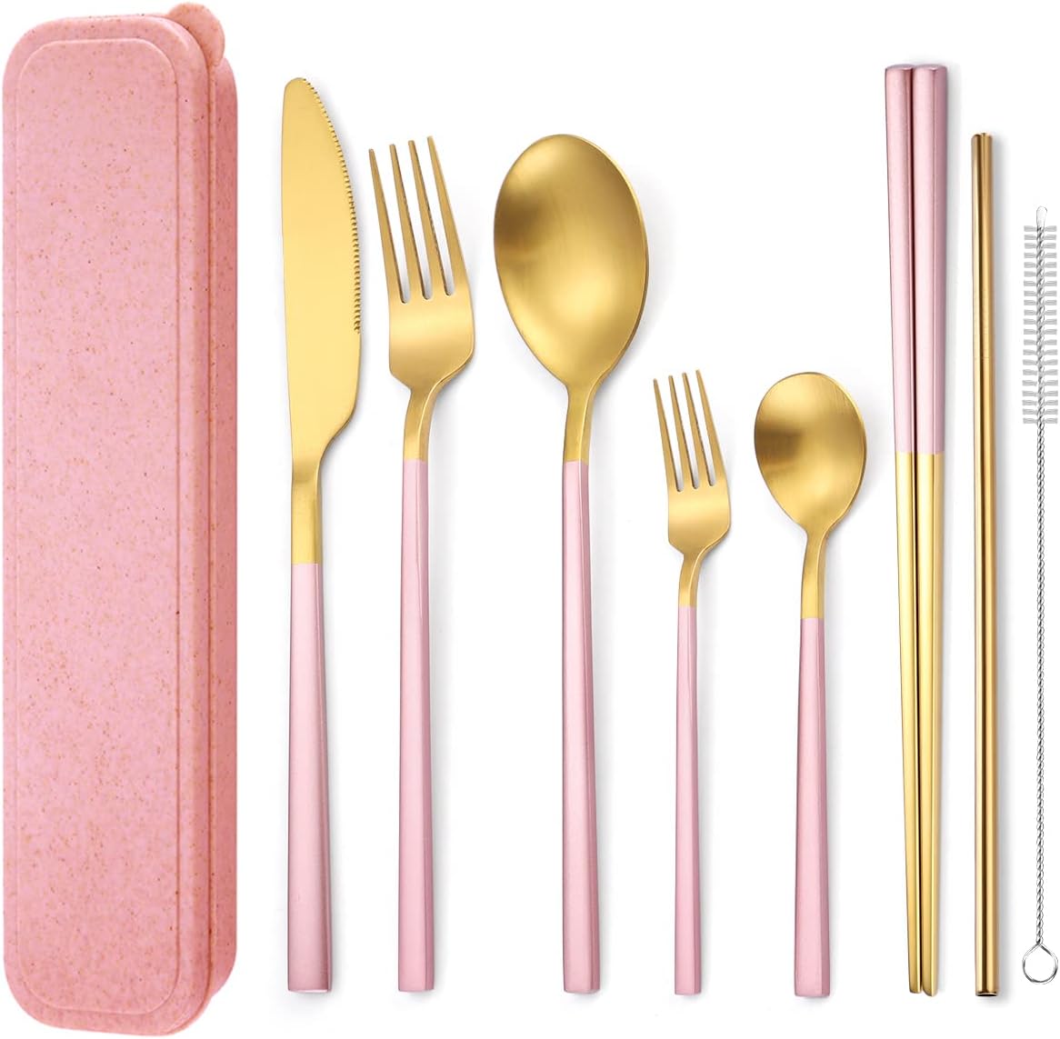 6 Pieces 18/8 Stainless Steel Flatware Set Portable Reusable Cutlery Set Travel Utensils Set Including Chopsticks Knife Fork Spoon Straws Cleaning Brush Dishwasher Safe (Rose Gold)