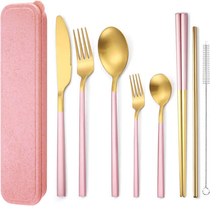 6 Pieces 18/8 Stainless Steel Flatware Set Portable Reusable Cutlery Set Travel Utensils Set Including Chopsticks Knife Fork Spoon Straws Cleaning Brush Dishwasher Safe (Rose Gold)