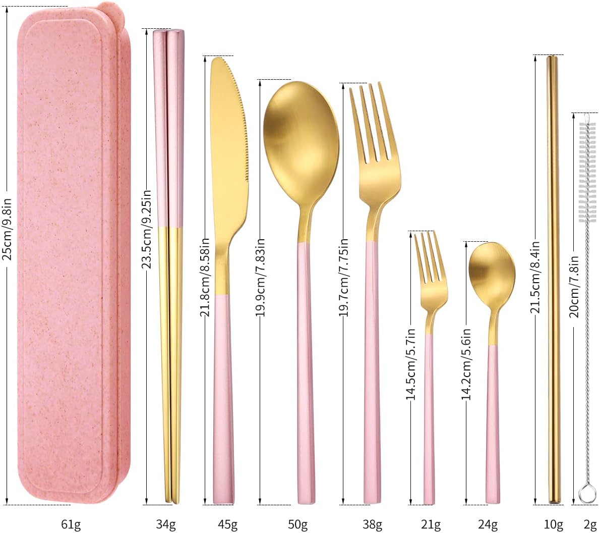 6 Pieces 18/8 Stainless Steel Flatware Set Portable Reusable Cutlery Set Travel Utensils Set Including Chopsticks Knife Fork Spoon Straws Cleaning Brush Dishwasher Safe (Rose Gold)