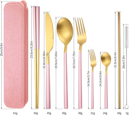 6 Pieces 18/8 Stainless Steel Flatware Set Portable Reusable Cutlery Set Travel Utensils Set Including Chopsticks Knife Fork Spoon Straws Cleaning Brush Dishwasher Safe (Rose Gold)