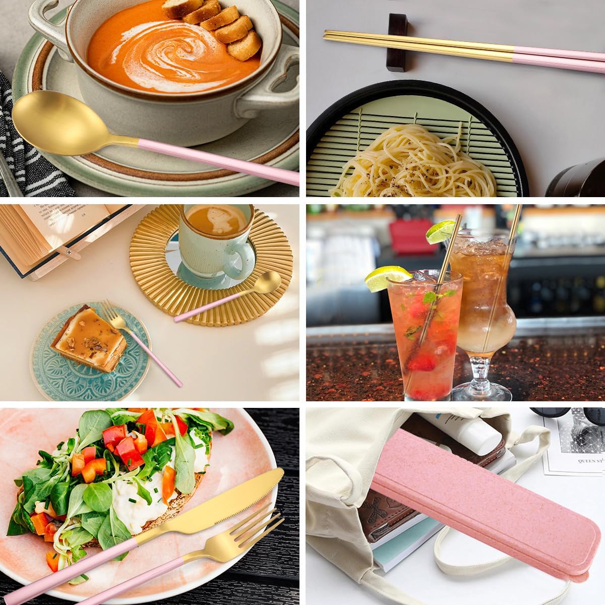 6 Pieces 18/8 Stainless Steel Flatware Set Portable Reusable Cutlery Set Travel Utensils Set Including Chopsticks Knife Fork Spoon Straws Cleaning Brush Dishwasher Safe (Rose Gold)