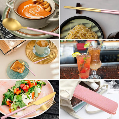 6 Pieces 18/8 Stainless Steel Flatware Set Portable Reusable Cutlery Set Travel Utensils Set Including Chopsticks Knife Fork Spoon Straws Cleaning Brush Dishwasher Safe (Rose Gold)