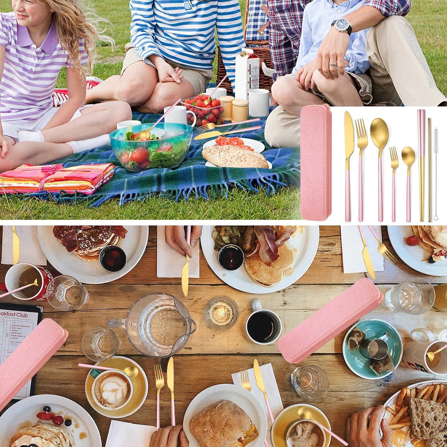 6 Pieces 18/8 Stainless Steel Flatware Set Portable Reusable Cutlery Set Travel Utensils Set Including Chopsticks Knife Fork Spoon Straws Cleaning Brush Dishwasher Safe (Rose Gold)