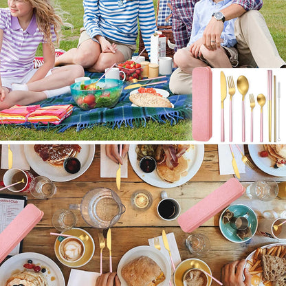 6 Pieces 18/8 Stainless Steel Flatware Set Portable Reusable Cutlery Set Travel Utensils Set Including Chopsticks Knife Fork Spoon Straws Cleaning Brush Dishwasher Safe (Rose Gold)