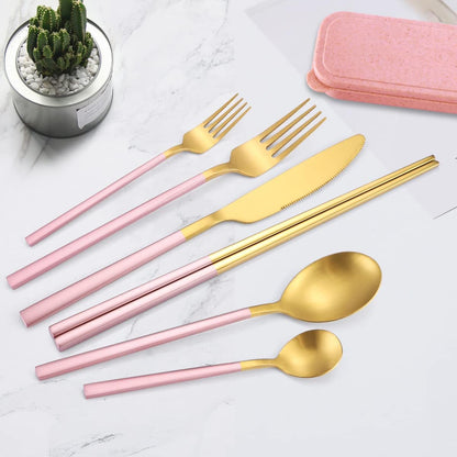 6 Pieces 18/8 Stainless Steel Flatware Set Portable Reusable Cutlery Set Travel Utensils Set Including Chopsticks Knife Fork Spoon Straws Cleaning Brush Dishwasher Safe (Rose Gold)