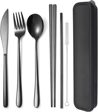 6 Pieces 18/8 Stainless Steel Flatware Set Portable Reusable Cutlery Set Travel Utensils Set Including Chopsticks Knife Fork Spoon Straws Cleaning Brush Dishwasher Safe (Rose Gold)