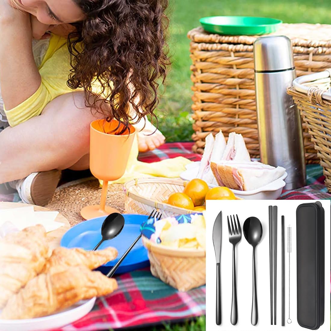 6 Pieces 18/8 Stainless Steel Flatware Set Portable Reusable Cutlery Set Travel Utensils Set Including Chopsticks Knife Fork Spoon Straws Cleaning Brush Dishwasher Safe (Rose Gold)