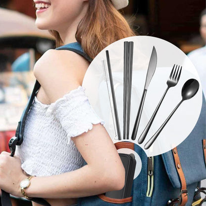6 Pieces 18/8 Stainless Steel Flatware Set Portable Reusable Cutlery Set Travel Utensils Set Including Chopsticks Knife Fork Spoon Straws Cleaning Brush Dishwasher Safe (Rose Gold)
