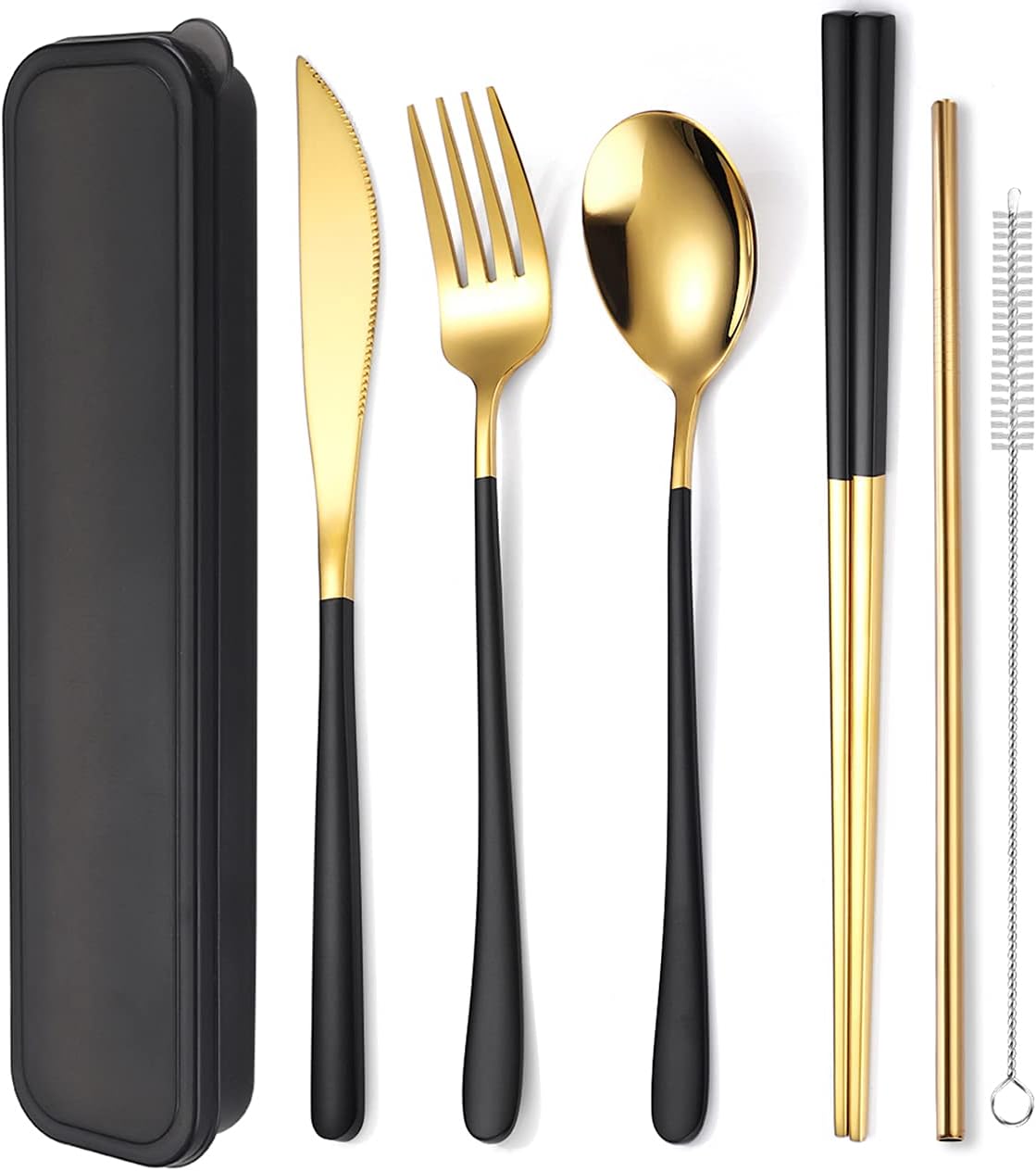 6 Pieces 18/8 Stainless Steel Flatware Set Portable Reusable Cutlery Set Travel Utensils Set Including Chopsticks Knife Fork Spoon Straws Cleaning Brush Dishwasher Safe (Rose Gold)
