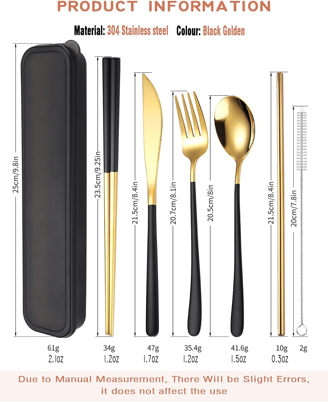 6 Pieces 18/8 Stainless Steel Flatware Set Portable Reusable Cutlery Set Travel Utensils Set Including Chopsticks Knife Fork Spoon Straws Cleaning Brush Dishwasher Safe (Rose Gold)