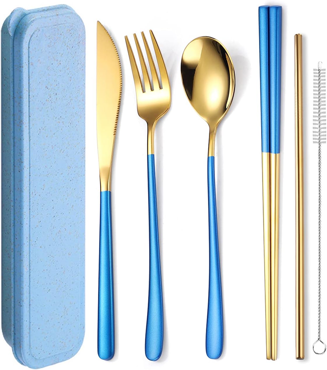 6 Pieces 18/8 Stainless Steel Flatware Set Portable Reusable Cutlery Set Travel Utensils Set Including Chopsticks Knife Fork Spoon Straws Cleaning Brush Dishwasher Safe (Rose Gold)