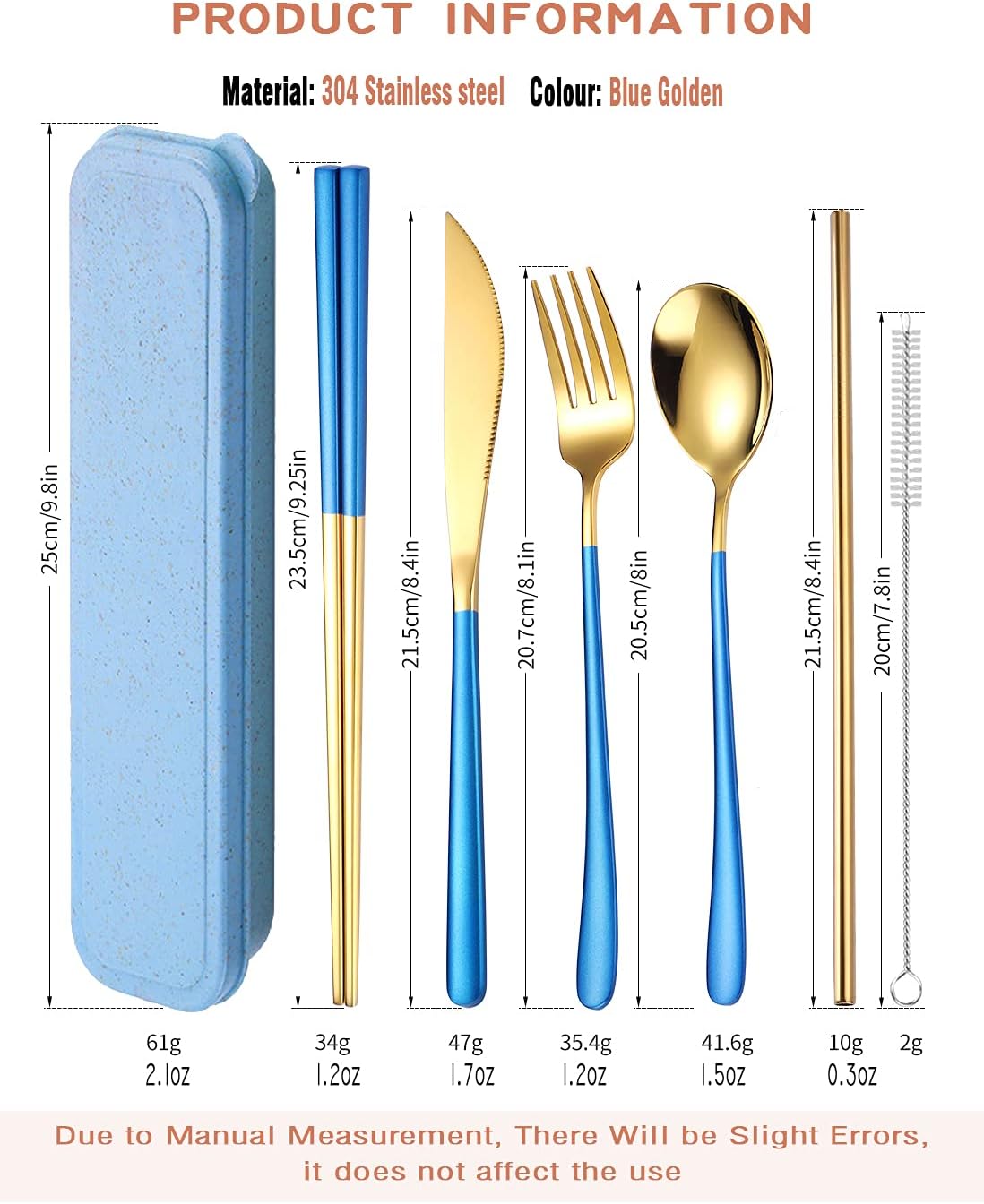 6 Pieces 18/8 Stainless Steel Flatware Set Portable Reusable Cutlery Set Travel Utensils Set Including Chopsticks Knife Fork Spoon Straws Cleaning Brush Dishwasher Safe (Rose Gold)